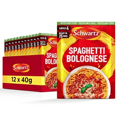 Image of Schwartz Spaghetti Bolognese Recipe Mix 40 G Serves 4 Pack of 12 Delightful flavour, Delicious Meal With Tomato, Garlic, Basil, and Oregano No Artificial Colourings or Flavourings