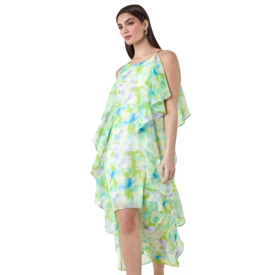 Image of Roman Originals Abstract Chiffon Ruffle Detail Midi Dress for Women UK Ladies Everyday Holiday Spring Summer Round Neckline Comfy Soft Evening Vacation Work Party Lime Size 12