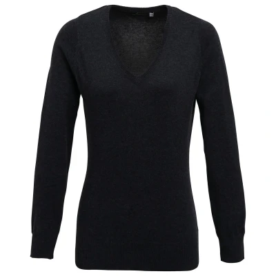 Image of Premier Womens/Ladies Knitted Cotton Acrylic V Neck Sweatshirt (Charcoal) Size 24 UK