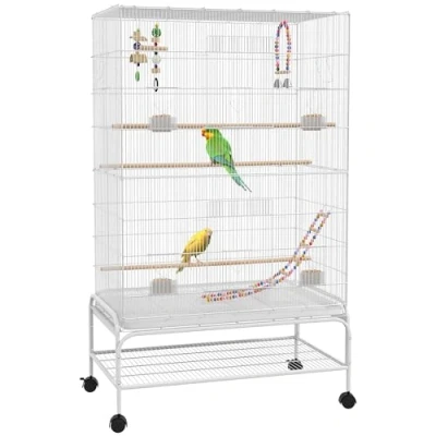 Image of PawHut Large Bird Cage Budgie with Stand, Toys, Wheels, Accessories, Storage Shelf for Canaries, Finches, Lovebirds, Parakeets White, 79 x 49 133 cm