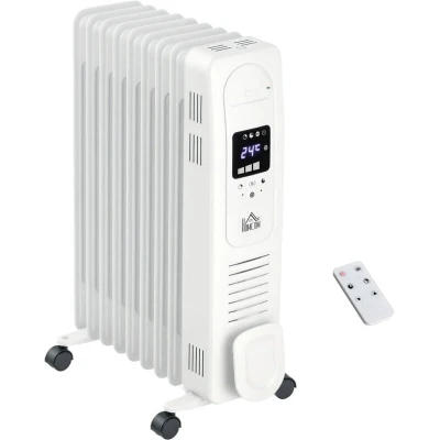 Image of HOMCOM 2000W Digital Oil Filled Radiator, 9 Fin, Portable Electric Heater with LED Display, Timer, 3 Heat Settings, Safety Cut Off and Remote Control, White