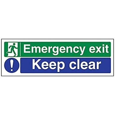 Image of V Safety 21011AX S Emergency Exit/Keep Clear Sign Landscape 300mm x 100mm Self Adhesive Vinyl, Blue, Green