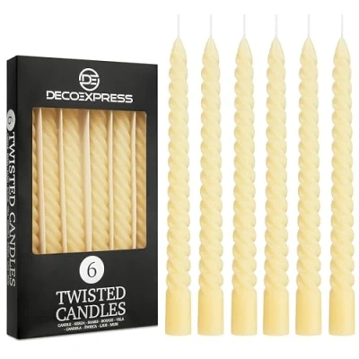 Image of Dinner Candles Pack 3 or 6 Twisted White Red Gold Coloured Spiral Non Drip Long Lasting Hours Burn Scented (Ivory, of 6)