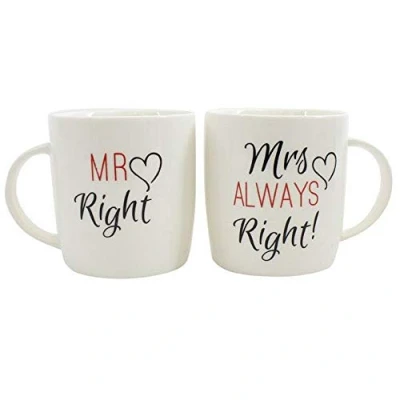 Image of Something Different Multicolor Ceramic Mr &amp; Mrs Right Couples Mug Set 9cm x 12cm (Pack of 2) Unique Fun Design Great for Coffee Lovers