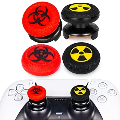 Image of Playrealm FPS Thumbstick Extender &amp; Printing Rubber Silicone Grip Cover 4 Sets for PS5 Dualsenese PS4 Controller (Radiant Black&amp;BioH Red)