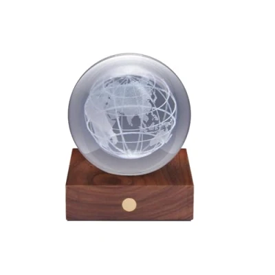 Image of Gingko Amber 3D Laser Engraved Premium Crystal Light with Wooden Walnut Base, LED Lights, Touch Control Button, 4 Brightness, USB C Charging, Packed in Gift Box (World Globe)
