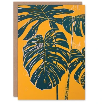 Image of Artery8 Greeting Card Plant Lover Dark Green Yellow Monstera Leaves Blank For Him Or Her Art Birthday