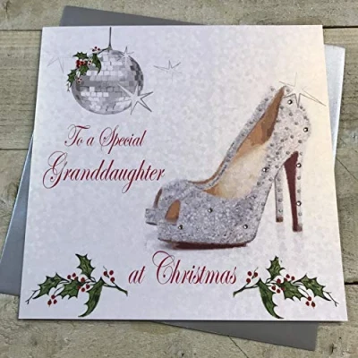 Image of White Cotton Cards To A Special Granddaughter, Handmade Large Christmas Card. Glitter Shoe (Code xx14 37)