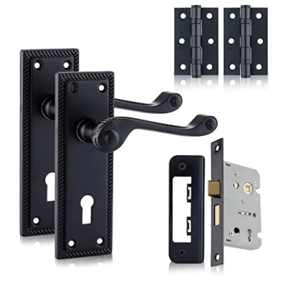Image of XFORT Black Beauty Range Matt Hanoverian Lever Lock Pack, Georgian Style Complete Set with Door Handles, 65mm Sashlock and 75mm Ball Bearing Hinges, for Internal Wooden Doors