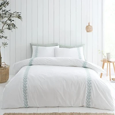 Image of Bianca Fine Linens Bedding Embroidery Leaf 180 Thread Count Cotton King Duvet Cover Set with Pillowcases White/Green