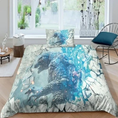 Image of ITOMEN Godzilla 3D Printed Moive for Boys Girls Comforter Covers Duvet Cover Quilt Bedding Set Soft Microfiber with Pillow Cases Zipper Closure 2 Pieces Single（135x200cm）