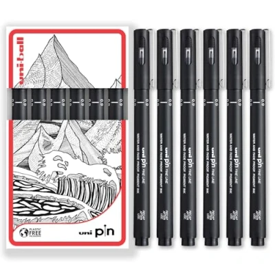 Image of uni ball PIN Fineliners Black Fine Tipped Writing Pens Water &amp; Fade Resistant Ink Ideal for Sketching, Scrapbooking, Outlining, Art, Technical Drawing In Gift Box (Pack of 6, 0.9mm)