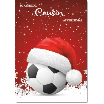 Image of doodlecards Cousin Christmas Card Santa Hat Football with Red Sky Medium Size Plain Envelope, 21 x 15cm