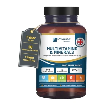 Image of A Z Multivitamins and Minerals I 365 Vegan Vitamins Tablets (1 Yr Supply) 26 Essential Active Vitamins, &amp; Micronutrients for Men Women Made in The UK by Prowise Healthcare