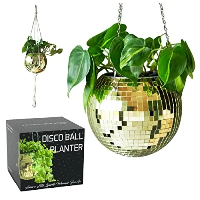 Image of SCANDINORDICA Disco Ball Planter Plant Hanger, Mirror Glitter with Chain and Macrame Rope, Boho Hanging Decor 20 cm (8“) Gold