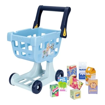 Image of Bluey The Shopping Trolley, With Free Rolling Wheels and Rotating Handle. Ideal Size For Toddlers, Stands at 19.3 Inch Tall, 8 Colorful Cardboard Goods Are Included This Trolley