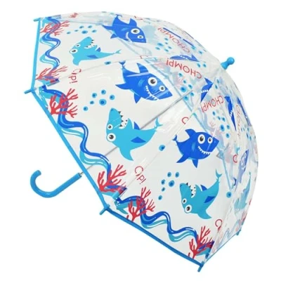 Image of Thingimijigs Children&#039;s Dome Umbrella Kids&#039; Lightweight Transparent PVC Stick Brolly Blue Shark