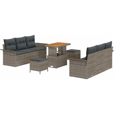 Image of vidaXL 9 Piece Garden Sofa Set with Cushions Grey Poly Rattan Acacia