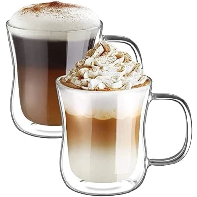 Image of ecooe 2x350ml Double Walled Coffee Glasses Mugs Cappuccino Latte Macchiato Cups with Handle Borosilicate Heat Resistant Glass for Tea Milk Juice Ice Cream