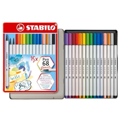 Image of Premium Fibre Tip Pen with brush STABILO 68 Tin of 15 Assorted Colours