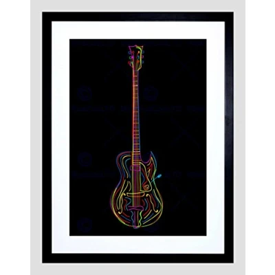 Image of Wee Blue Coo Electric Guitar Line Drawing Colourful Music Framed Wall Art Print