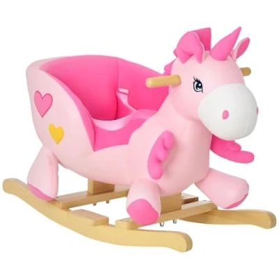 Image of HOMCOM Rocking Horse, Kids Plush Ride on Unicorn with Songs, Wooden Base, Seat Belt, for Toddlers 18 36 Months, Pink