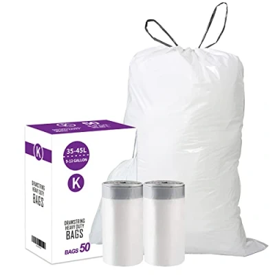 Image of Code K (50 Count) 9 12 Gallon Heavy Duty Drawstring Plastic Trash Bags Compatible with simplehuman 1.2 Mil White Garbage Liners Gallon/35 45 Liter