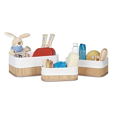 Image of Relaxdays Bamboo Bathroom Baskets, HxWxD13 x 30 20 cm, Set of 3 Shelf Bins with Cloth Insert, Natural