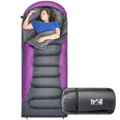 Image of Trail Alpine 250 XL Sleeping Bag with Hood (L230cm x W100cm), Large Extra Wide Envelope Bag, 2 to 3 Season Camping, Lightweight, Water Resistant, Polycotton Liner, Compression (Purple)