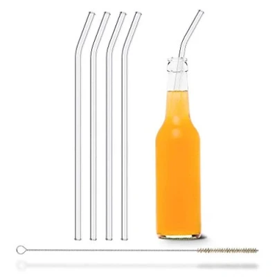 Image of Halm Glass Drinking Straws Reusable Sip Tube 4 Pieces Curved 30 cm Stanley Cup Quencher Tumbler + Cleaning Brush Dishwasher Safe Sustainable Sippers for Bottles