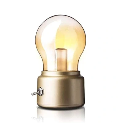Image of Portable LED Vintage Light Bulb Rechargeable Night USB Charging Table Lamp for Home Desk Travel (Gold)