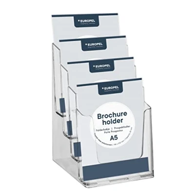 Image of EUROPEL Brochure Holder, Four Tier Dispenser, A5, Crystal Clear Acrylic, Portrait, 350100