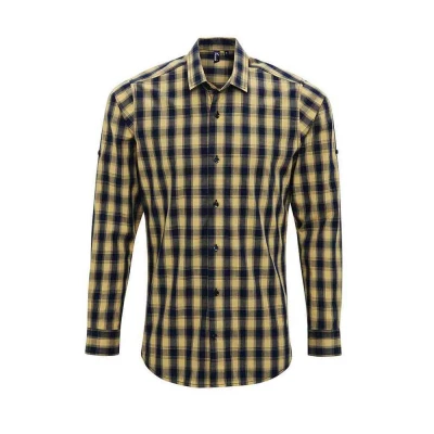 Image of Premier Mens Mulligan Checked Cotton Long Sleeved Shirt (Camel/Navy) Size Medium