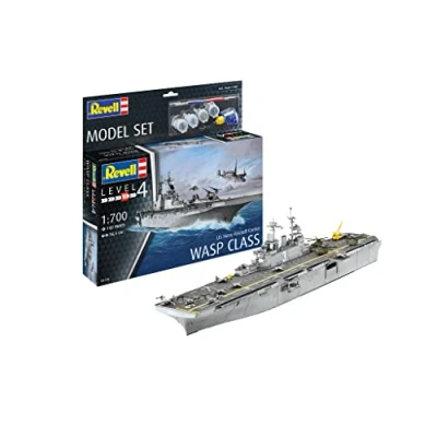 Image of Revell Model Set 65178 US Navy Assault Carrier WASP Class 1:700 Scale Unbuilt/Unpainted Plastic Kit with Contacta Professional Glue, Paintbrush &amp; Selected Aqua Color Paints