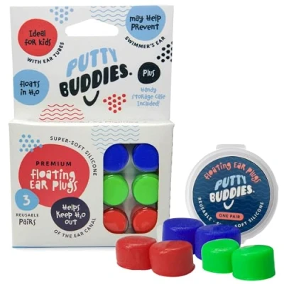 Image of Putty Buddies Floating Soft Silicone Earplugs Blue, Red &amp; Green 3 Pair Pack