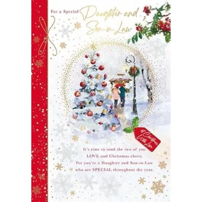 Image of Words &#039;n&#039; Wishes Artistic Christmas Greeting Card Daughter and Son in Law Couple Walking Snow Illustration With A Gold Foil Finish, Multicoloured, 158 x 228
