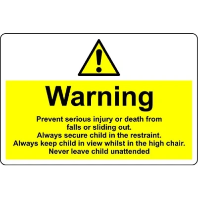 Image of Warning high chair safety sign Self adhesive sticker (200mm x 150mm)