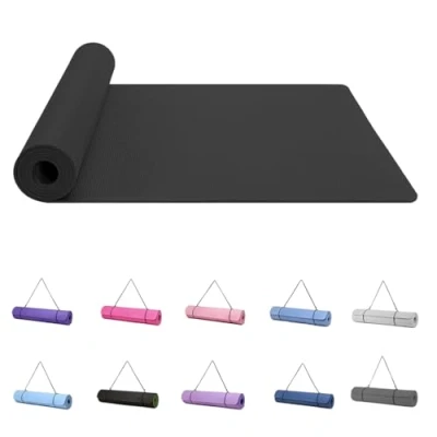 Image of Good Nite Yoga Mat Exercise Mats Workout Pilates Fitness for Women Men Non Slip Thick 6mm High Density Gymnastics with Carry Strap Tpe (Black)