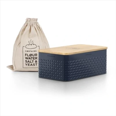 Image of LARS NYSØM Bread Bin I Metal box with linen bag for long lasting freshness bamboo lid usable as cutting board 13.4x7.3x5.3In (Midnight Blue)