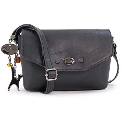 Image of Catwalk Collection Handbags Small Leather Cross Body Bag For Women Flapover Shoulder Adjustable Crossbody Strap FLORENCE Black