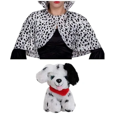 Image of Ladies Evil Dog Lady Accessory Standard Dalmatian Print Cape and Plush Toy Adults World Book Day Week Fancy Dress