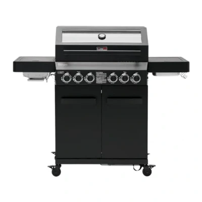 Image of CosmoGrill 6 Burner Platinum Yamara Dark 4+2 Gas BBQ, Viewing Glass, 4 Main Burners, 1 Ceramic Sear Burner, Back Cast Iron Grills &amp; Bamboo Storage (Black)