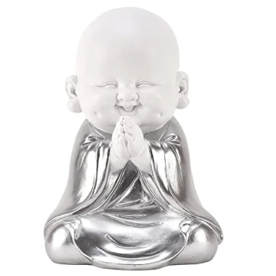 Image of Matt White &amp; Silver Praying Zen Buddha Child Sculpture Figurine 20cm Height New Home Ornament Birthday Present