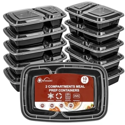 Image of Vinsani 2 Compartment Meal Prep Containers 10/20/30 Pack 30oz BPA Free Reusable Plastic Food Storage Trays with Lids, Stackable Bento Lunch Boxes Microwave, Freezer &amp; Dishwasher Safe (20 Pack)