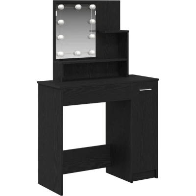 Image of vidaXL Black Oak Dressing Table/Vanity Engineered Wood &amp; Glass, 86.5x35x136 cm, Bedroom Furniture with Storage Drawers and Integrated Mirror