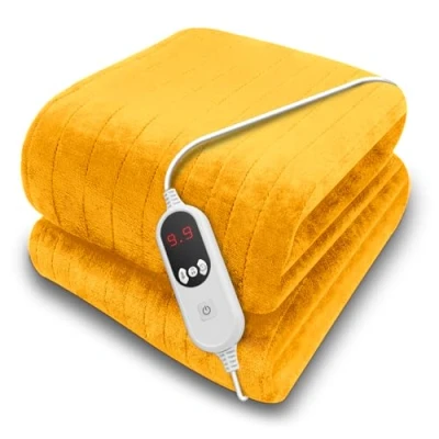 Image of Purus Gold Heated Throw Electric Blanket, 160 x 120cm Blanket Machine Washable Soft Micro Fleece Overblanket with 12HR Timer and 9x Control Heat Settings