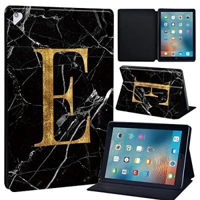 Image of Initial Letter Leather slim lightweight Stand Cover Case for Apple New iPad 9.7 2018 2017(6th Gen, 5th Gen)/iPad Air 2/iPad Air/iPad Pro Tablet with Auto Wake/Sleep (blackmarbleE)