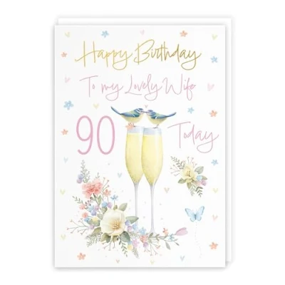 Image of Hunts England 90th Wife Champagne Flutes Birthday Card Luxury Gold Foil Milo&#039;s Gallery Age 90 Butterflies, Hearts, Flowers Pretty For Ninety A5 Size