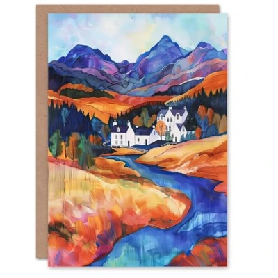 Image of Artery8 Greeting Card Glencoe Mountain Cottages Scottish Landscape Blank For Him Or Her Art Birthday