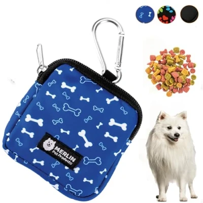 Image of Small Dog Treat Bag, Training Pouch Pocket Size Travel Walking Walk Treats Pouch, Pet Bag For Lead Treats, (Blue Bone)